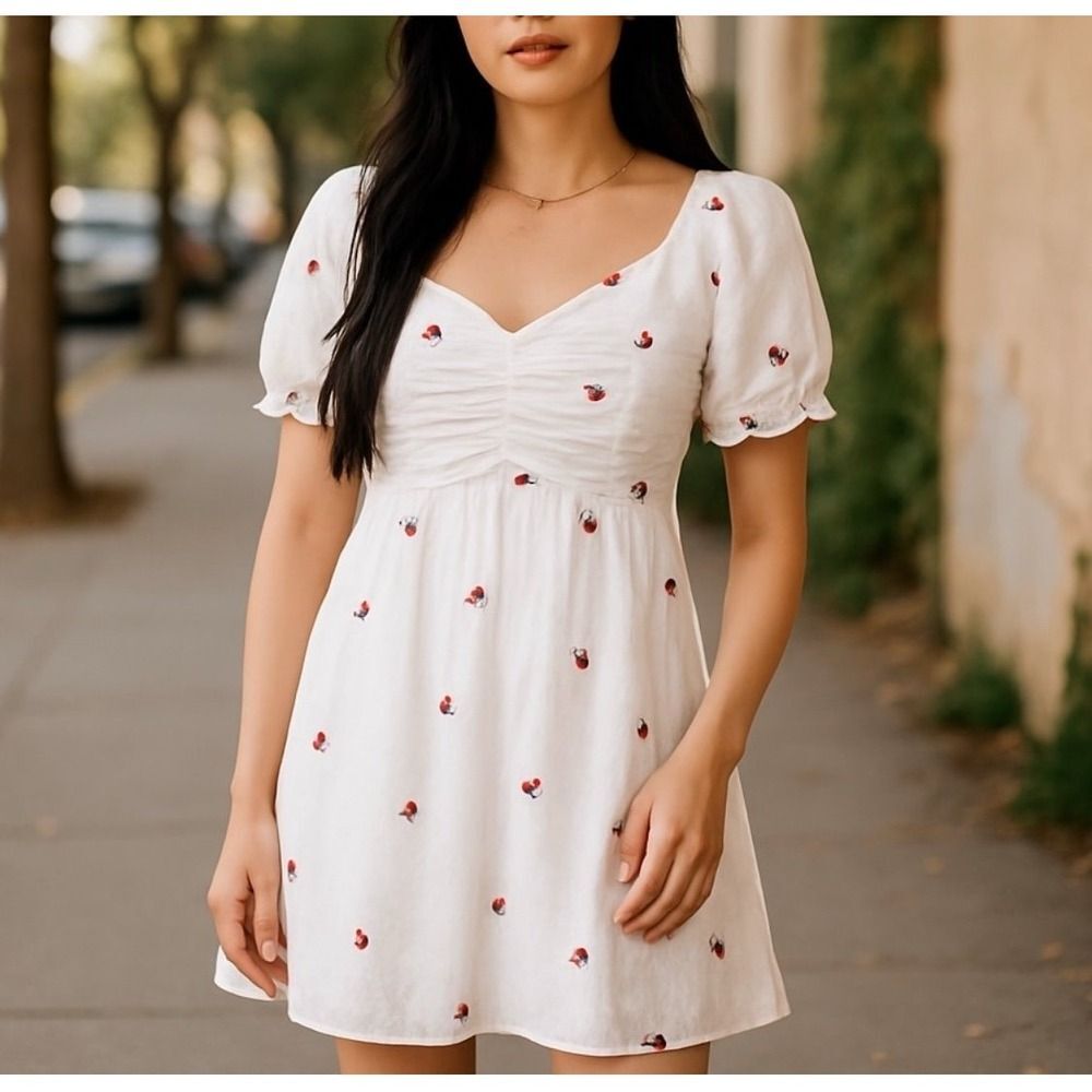 Cider White Puff Sleeve Cherry Embroidered‎ Dress - Size M - Picture 6 of 6